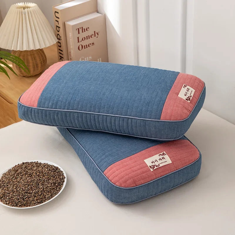 Oreiller memoire de forme bleu et rose pour un soutien ferme et respirant